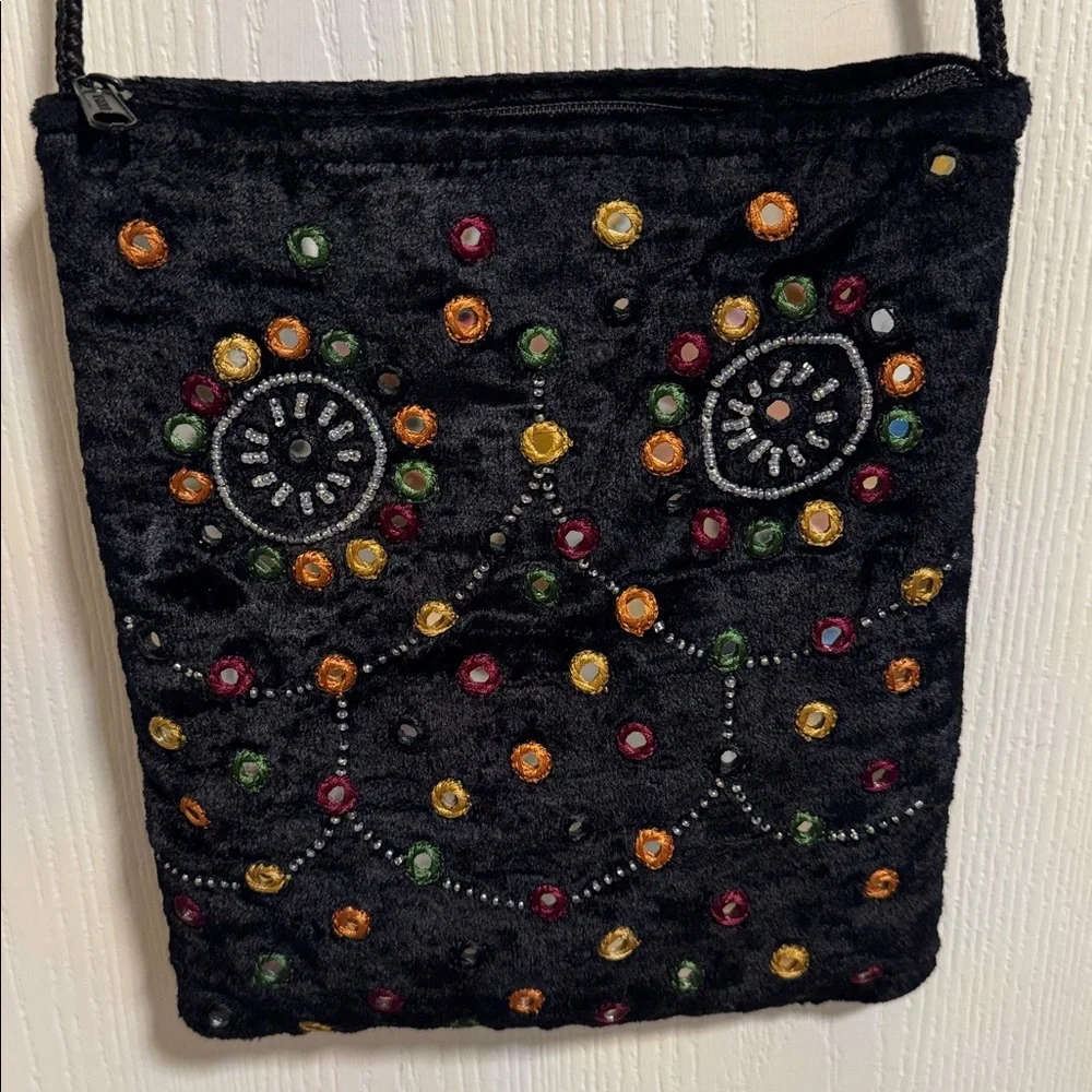 Velvet Beaded Black Crossbody Bag Colorful Design Classy Bohemian Zipper Close‎